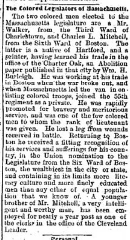 “The Colored Legislators of Massachusetts,” Semi-Weekly Wisconsin (Milwaukee, Wisconsin), November 17, 1866, p. 1