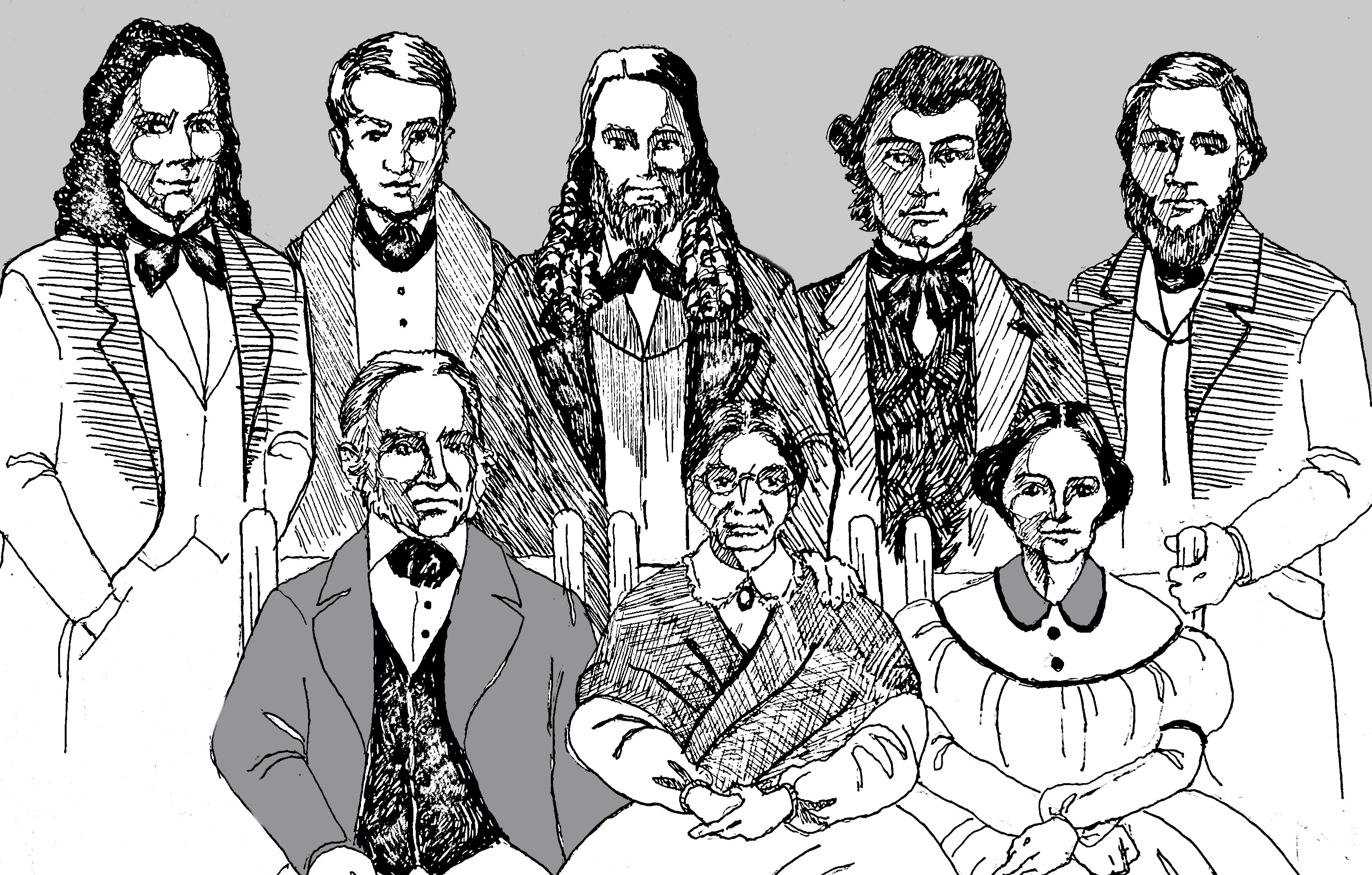 Artistic conception of the Burleigh family. This portrait contains (left-to-right) George, Lucian, Charles, Henry, and Cyrus in the back row, and Rinaldo, Lydia, and Mary in the front row. John Burleigh is not included, because no portrait or photograph of him has been found. Artist Diana Coe has set this fictive portrait around the year 1845. 