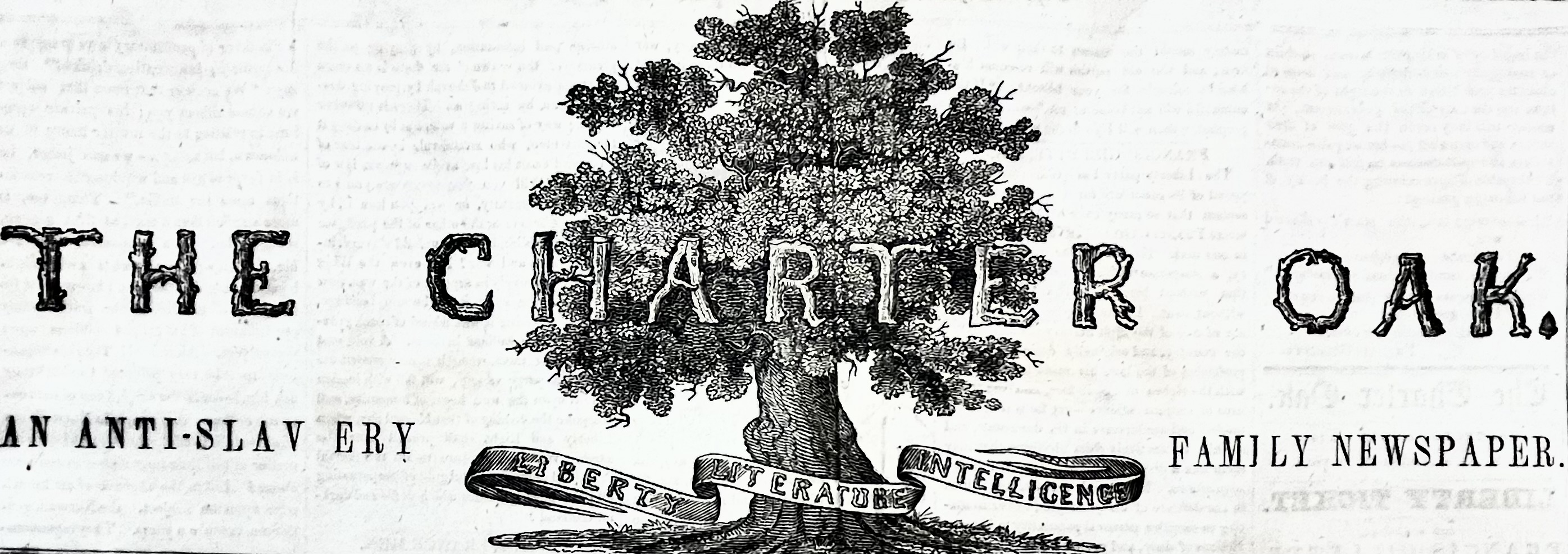 Charter Oak newspaper file, with motto "Liberty, Literature, Intelligence" on banner beneath the leafed-out oak.