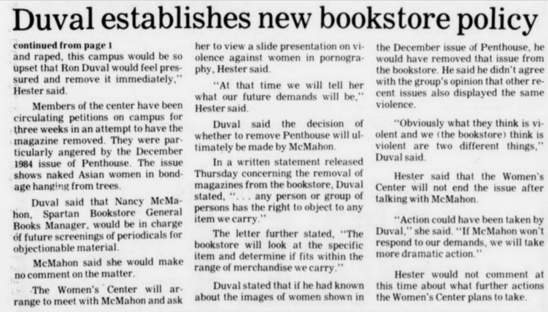 Women’s Center acknowledgement of the lack of urgency for women’s needs in comparison to other major issues. “‘Obviously what they think is violent and we (the bookstore) think is violent are two different things,’ Duval said.”