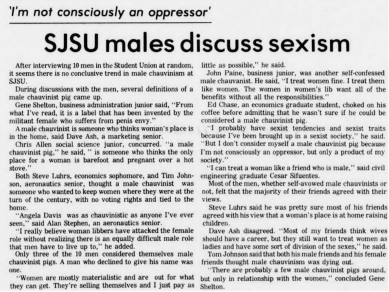 Article showing male students’ chauvinistic comments, reflecting normalized sexism and objectification of women in the 1970s.