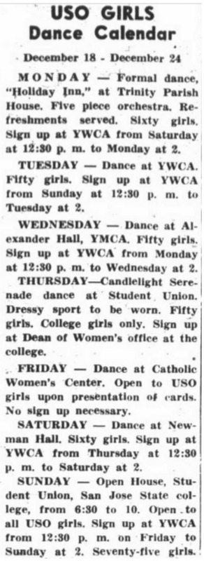 Calendar showing dances every day of the week.
"College girls only"