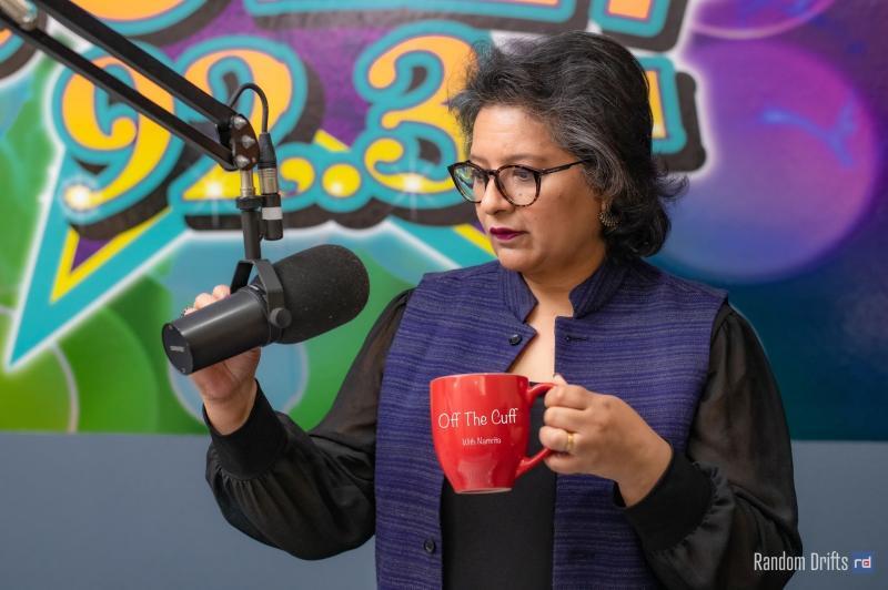 Namrita Yuhanna at the mic for Off the Cuff radio show 
