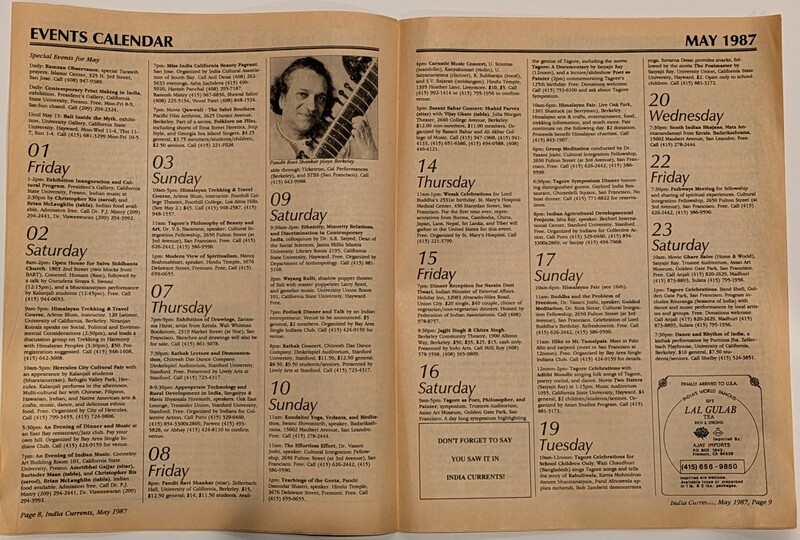 India Currents – Events Calendar Pages (May 1987, Vol. 1, No. 2)