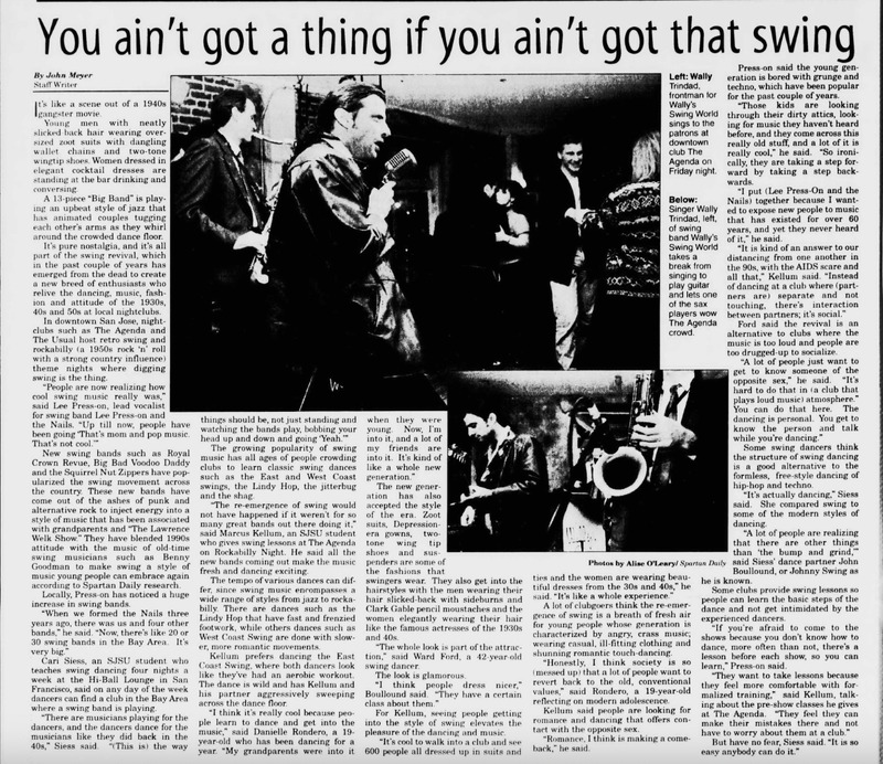 “Pure nostalgia” 
“On any day of the week dancers can find a club in the bay area where a swing band is playing” 
“Society is ‘messed up’ and wants to return to old fashioned values” 
“A breath of fresh air for young people whose generation is characterized by agnery, crass music; wearing ill-fitting clothing and shunning romantic touch-dancing” 
“Not get intimidated by the experienced dancers” 
