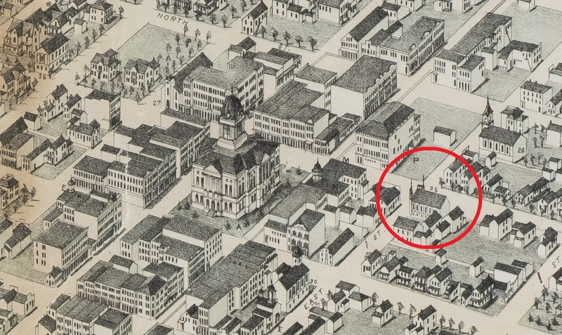 Detail showing Free Congregational Church on Bird's-Eye View Map of Bloomington, 1873 edition