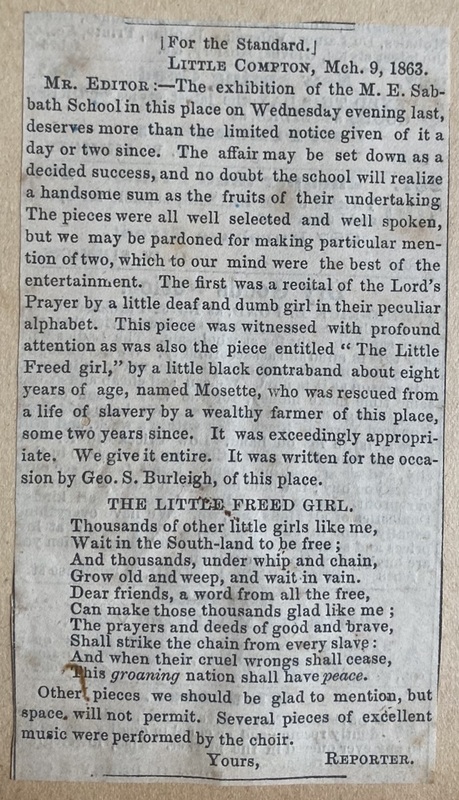 "The Little Freed Girl" newspaper article 1863