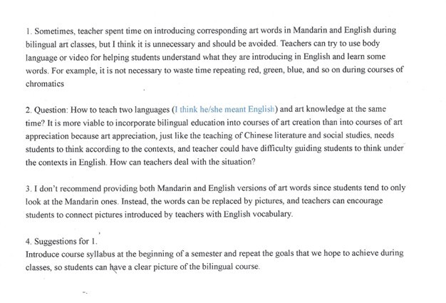 #4 Student Response (Translated by Alice Xie 謝佩娟) to “Will art classes change if English is introduced?”