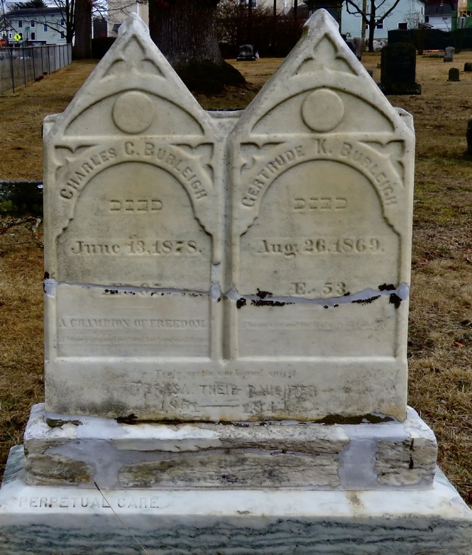 Gravestone for Charles C. Burleigh, Gertrude Kimber Burleigh, and Teresa Burleigh