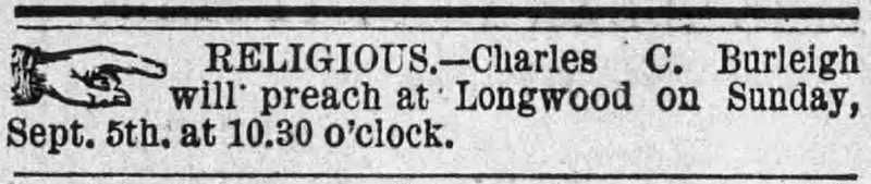 Religious Announcement for Charles C. Burleigh sermon