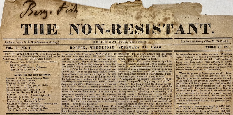 Front Page of The Non-Resistant, 1840