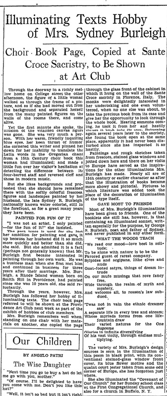Full Providence Evening Bulletin article re. Sarah Burleigh and the poem "What the Woods Teach"