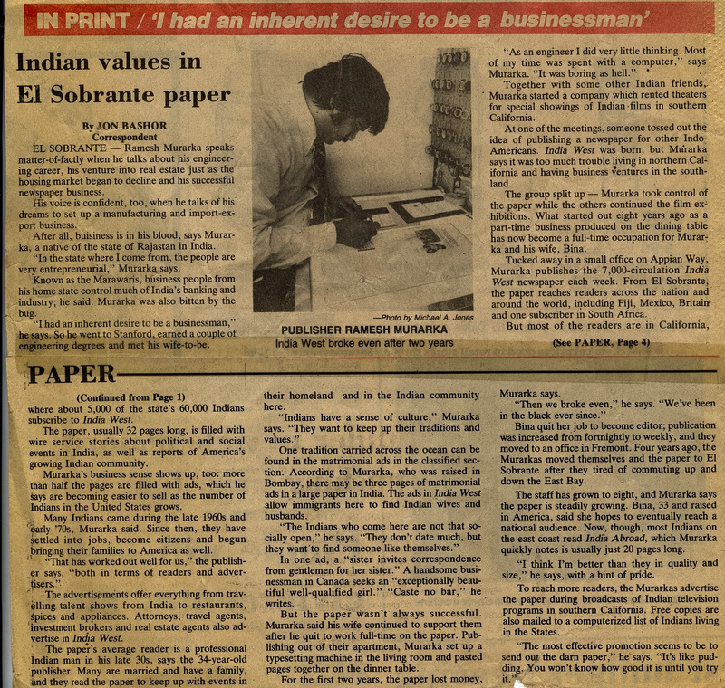 India-West featured in El Sobrante paper 
