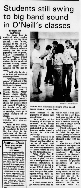 Highlights O'Neill's swing dance classes. He is a social dance teacher, encouraging students to attend dance events and lessons outside of class.
"Big Band music"
