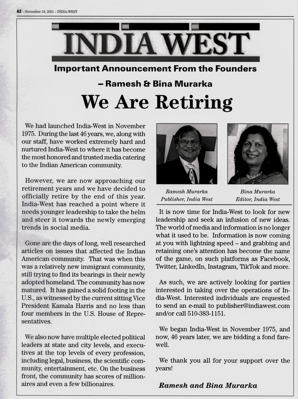 India West last issue retirement notice 
