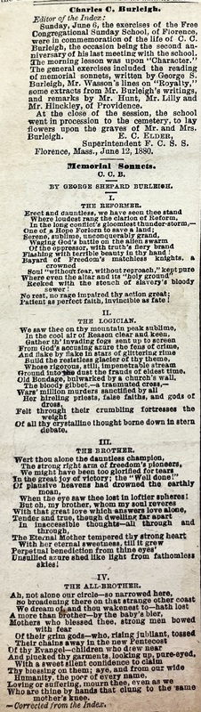 Newspaper Article on 1880 Memorial for Charles Calistus Burleigh