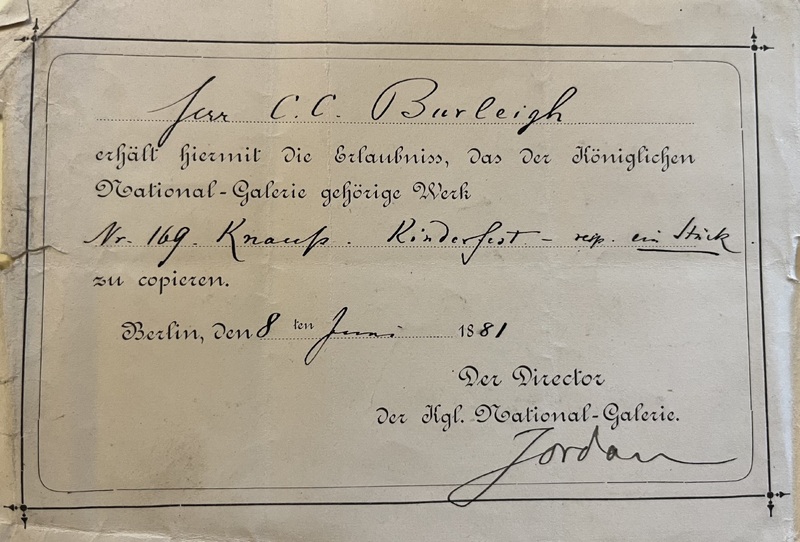 1881 Permission from Royal Museum to Charles C. Burleigh Jr.