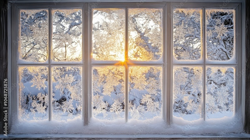 Frosty Winter Scene through Window Pane at Sunrise
