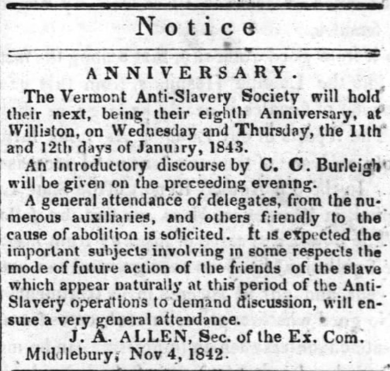 Notice of Vermont Anti-Slavery Society Meeting in January 1843
