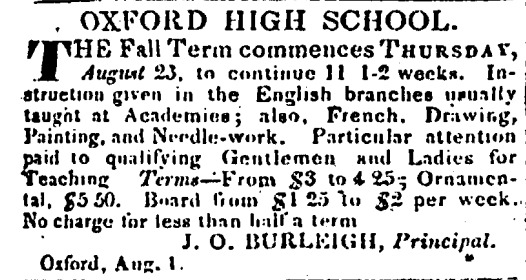 John O. Burleigh's Oxford High School advertisement