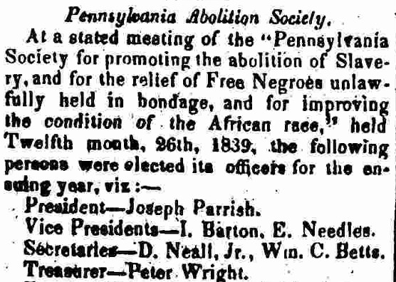 Pennsylvania Abolition Society Officers for 1840, Pennsylvania Freeman 1839.01.09