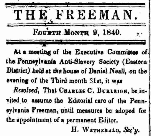 Invitation to Charles Calistus Burleigh to edit The Pennsylvania Freeman