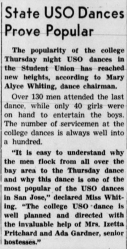 “Over 130 men attended the last dance, while only 40 girls were on hand to entertain the boys.” 
“Men flock from all over the bay area to the Thursday dance.”
