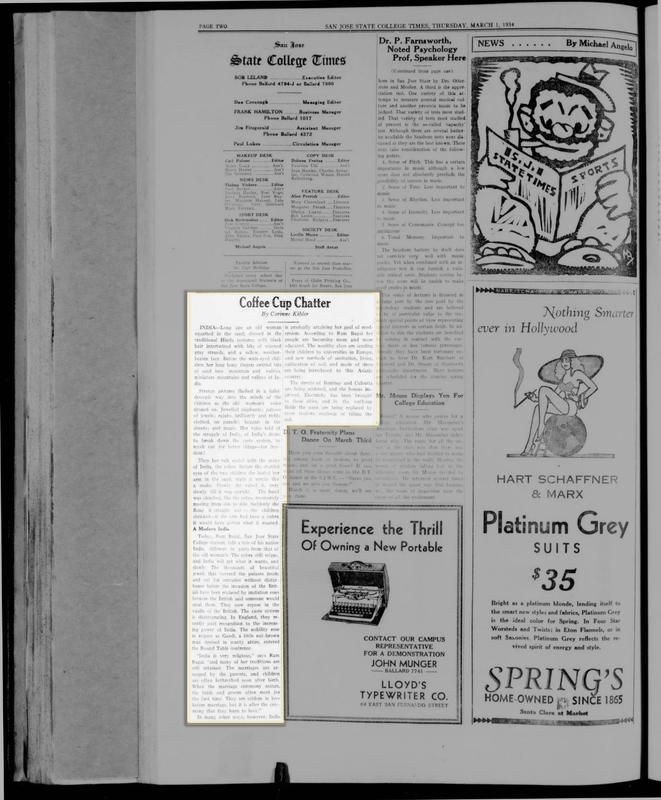 Ram Bagai featured in "Coffee Cup Chatter", 1934