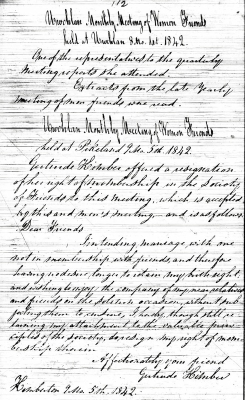 Gertrude Kimber resignation letter from Society of Friends, 1842
