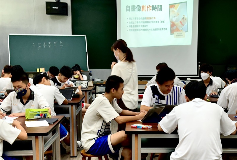 Close-up of Students working on Self-Portrait Art Lesson in Mandarin