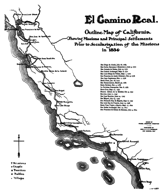 Outline Map of California, showing missions and principal settlements prior to secularization of the missions in 1834