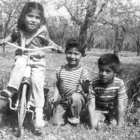 Children play in a small orchard