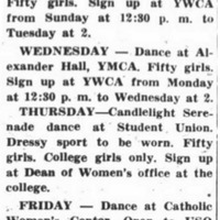 Calendar showing dances every day of the week.
"College girls only"