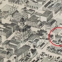 Detail showing Free Congregational Church on Bird's-Eye View Map of Bloomington, 1873 edition