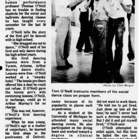 Highlights O'Neill's swing dance classes. He is a social dance teacher, encouraging students to attend dance events and lessons outside of class.
"Big Band music"
