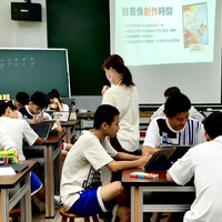 Close-up of Students working on Self-Portrait Art Lesson in Mandarin